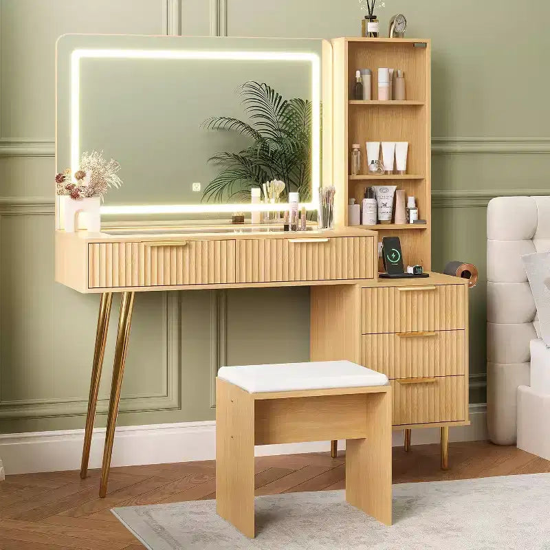 Coiffeuse de maquillage de 122 cm avec miroir et lumières, Coiffeuse en bois cannelé avec 4 tiroirs et station de charge, Coiffeuse pour chambre à coucher, Noir